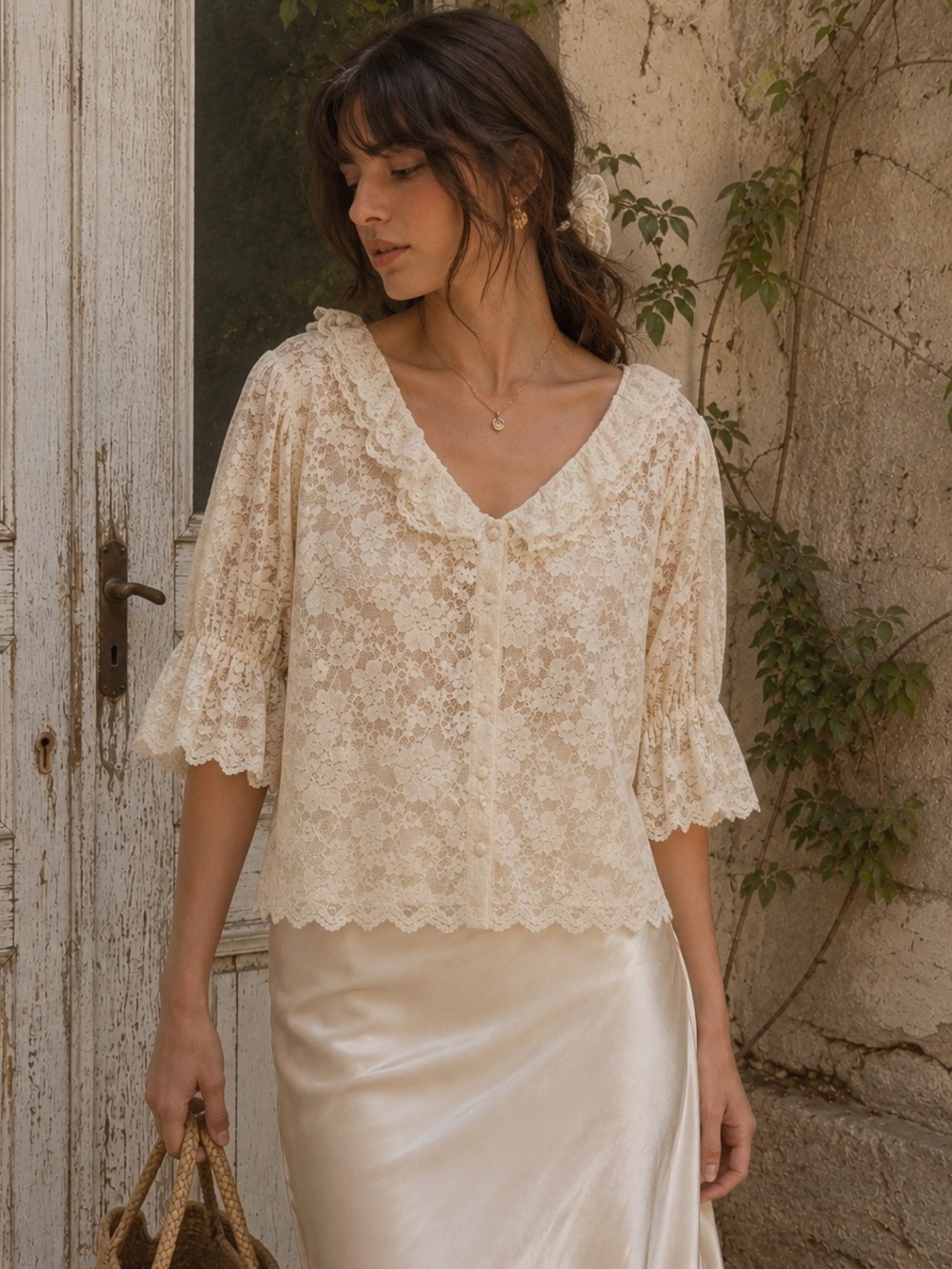 Ultra Pink Cream Lace Ruffle V-Neck Blouse
